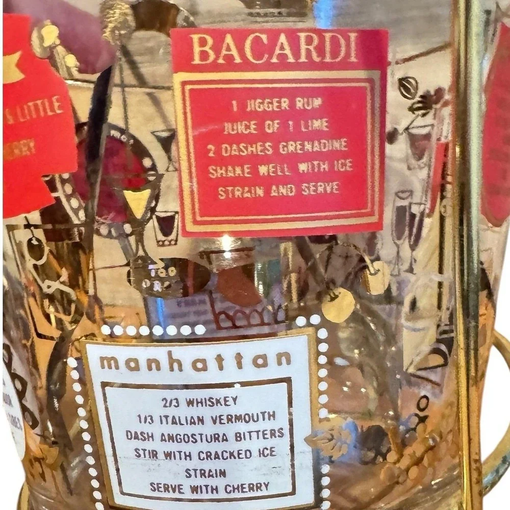 Vintage Jeannette MCM Glass Ice Bucket Gold Cocktail Recipes Brass Caddy & Tongs